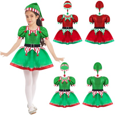 Kinder Mädchen Weihnachten Elf Cosplay Kostüm Pailletten Mesh Tutu Kleid mit Hut