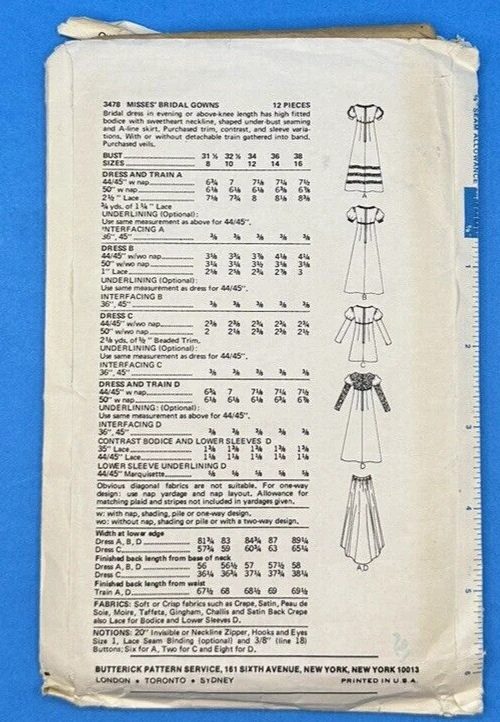 Wedding Bridal Bridesmaid Dress Pattern Butterick 3478 8/31.5 Groovy 1970's VTG - Image 2 of 2