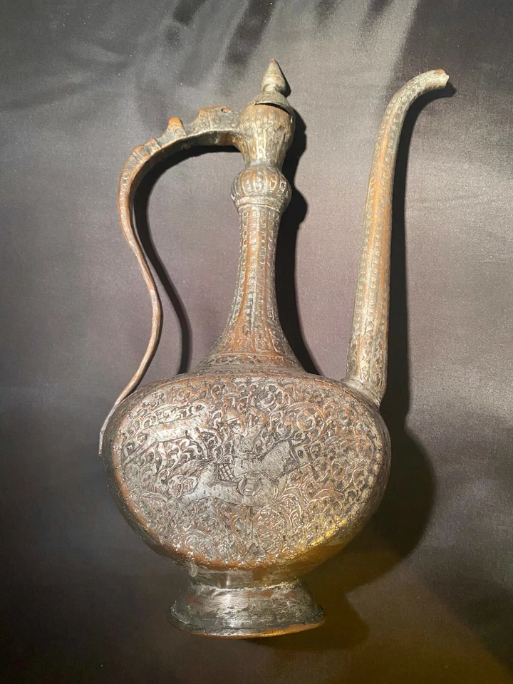 稀有亚洲古董精美雕刻艾弗酒茶壶花瓶锡铜黄铜Handmad — 第 4/4 张图片