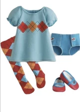 American Girl Bitty Twins 2010 Aqua Argyle Dress Tights Panties Red Shoes Outfit