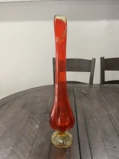 LE Smith Glass Amberina Persimmon 6 Petal Swung Glass Vase 20” Cadmium Glow VTG