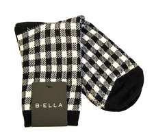B. Ella Ladies Cotton Blend Crew Socks Abigail Gingham Check Black & White NEW
