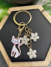 3" Gold-tone Cat Flower Enamel Charm Keychain New Free Ship B4067