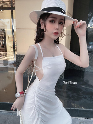 Draped backless asymmetrical midi white dress size Small | eBay