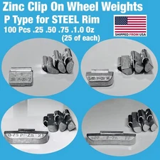 100 PIECES ZN CLIP ON WHEEL WEIGHTS .25 .50 .75 1.0 (25 each) STEEL RIM P TYPE