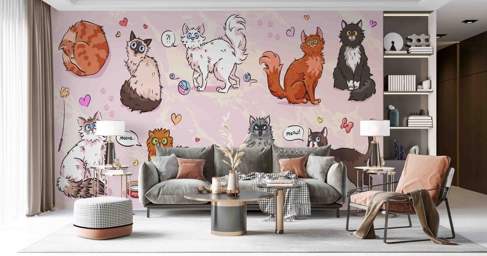 3D Cat Animal Watercolor Cartoon Wallpaper Wall Murals Removable