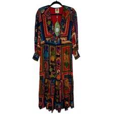 NWT Farm Rio Womens Patchwork Tapestry Ankle Ruffle Neck Tiered Red Dress XS