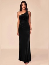 Azazie Argan Black Mermaid One Shoulder Pleated Velvet Dress - Size 12