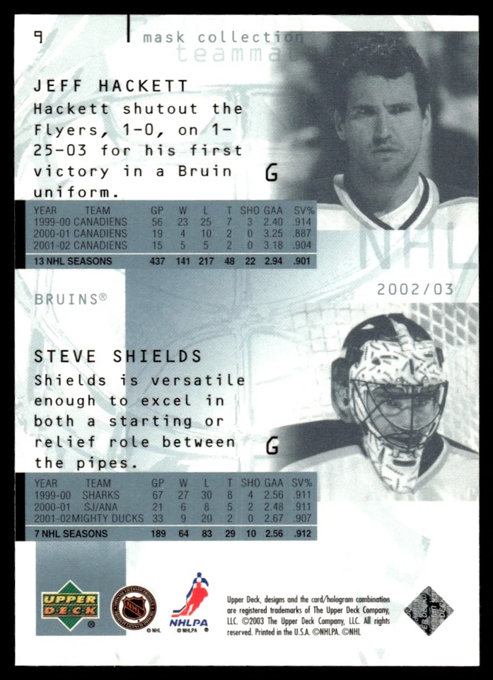 2002-03 Upper Deck Mask Collection Steve Shields/Jeff Hackett Boston Bruins #9 - Image 2 of 2