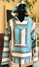 VTG BAJA JOE Pullover Poncho Hippie Boho Mexican Surf Hooded Drug Rug Teal S
