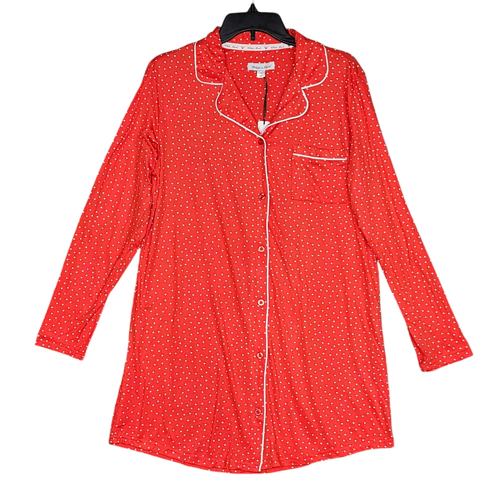 White Mark Long Sleeve Nightgown Notch Collar Button Down Red White Medium
