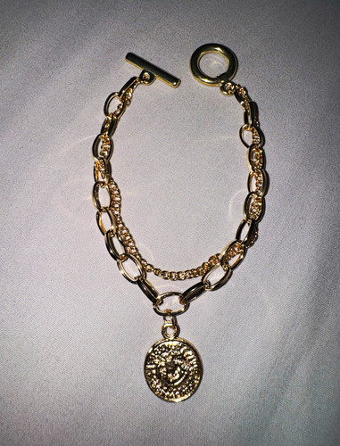 Gold Cable Chain Bracelet Toggle Clasp Coin Dangle Charm Stackable