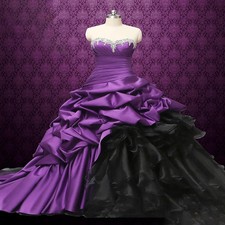 Purple Black Satin Ballgown Wedding Dresses Strapless Beaded Gothic Bridal Gowns