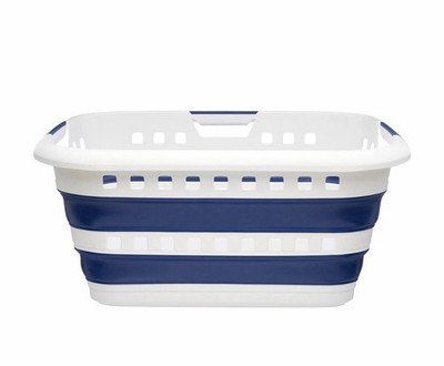 Collapsible Laundry Basket Blue/White Plastic Foldable 40L Pop-Up Basket. NEW.
