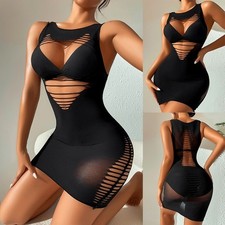 Sexy Womens Hollow Out Mini Party Dress Clubwear Fishnet Stretch Bodycon Evening