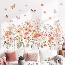 Boho Wildflower Wall Decals with Butterflies   Removable Peel and Stick Flora...