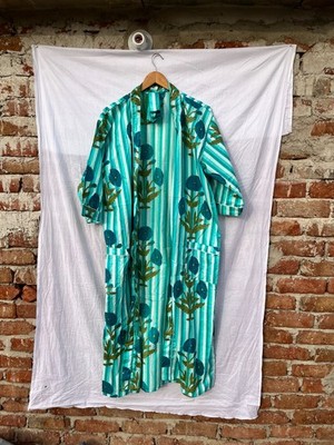 Indian Green Stripe Cotton Robe Long Kimono Sleepwear Night Suit Kimono Bathrobe
