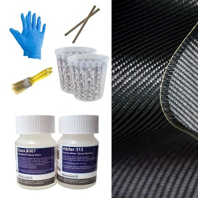 Carbon Komplett-Set 0,25m² Carbongewebe Köper 100g Epoxidharz 50g Härter