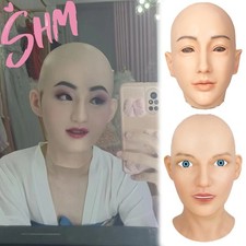 Realistic silicone female mask with head mounted face mask and black long wig