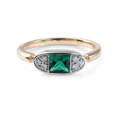 Ring 9 kt Gold Lab Smaragd Diamant Art Deco Bootsfassung gepunzt UK P 1/2 NEU