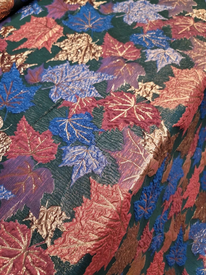 Tela Por Yarda Novia Jacquard Brocado Multicolor Metálico Hojas de Arce Azul Foto 4 de 4