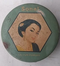 VINTAGE ADVERTISING TIN LITHO BOX SONAL TALCUM POWDER LADY FACE COLLECTIBLE 1960