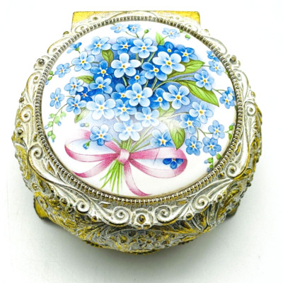 LINDEN Forget Me Not Music Box Silver Tone Ceramic Top READ