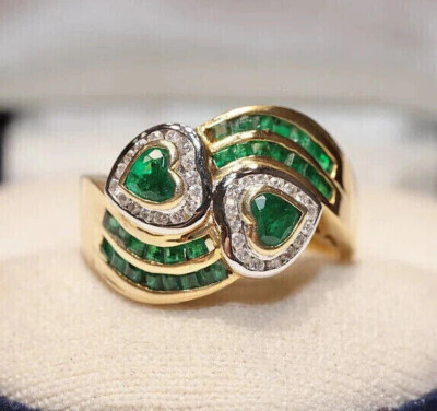 Antique Circa Channel set Heart Ring 14K Yellow Gold Over 2 Ct Simulated Emerald