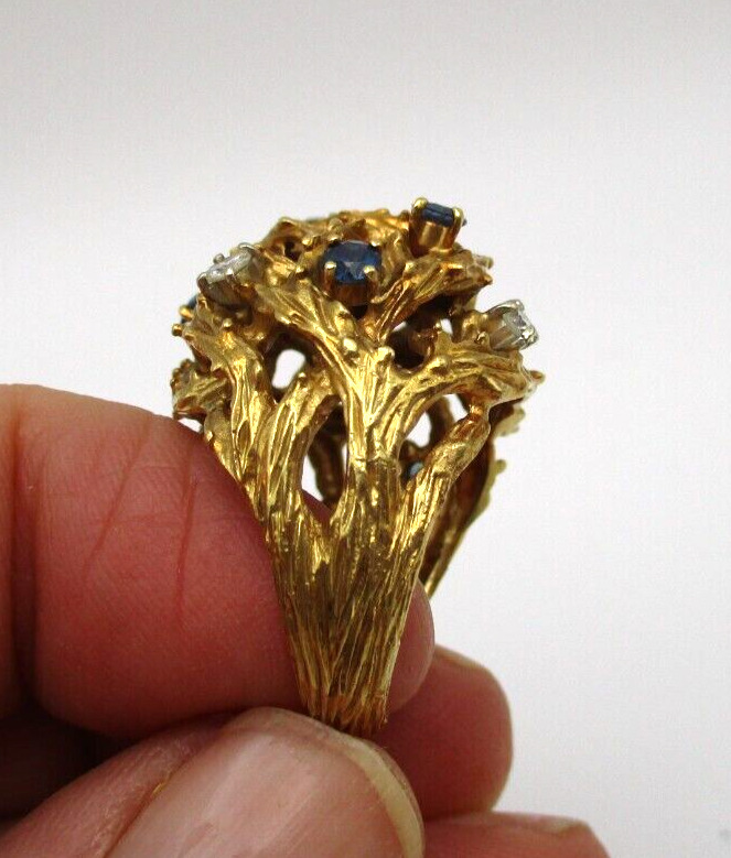 18K 750 Yellow Gold Diamond & Blue Sapphire Domed… - image 6