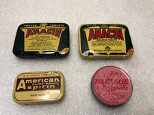 Vintage American Aspirin, Anacin, & Paulson Service tins. Very good condition.