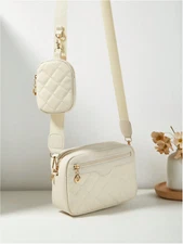 Beige Embroidered Shoulder Crossbody Bag With Multiple Compartments