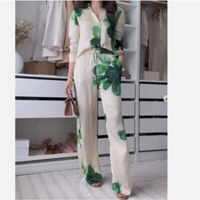 ZARA mid-waist satin Floral flowy PRINTED pants Green Ecru NWT S M XL 2183/041