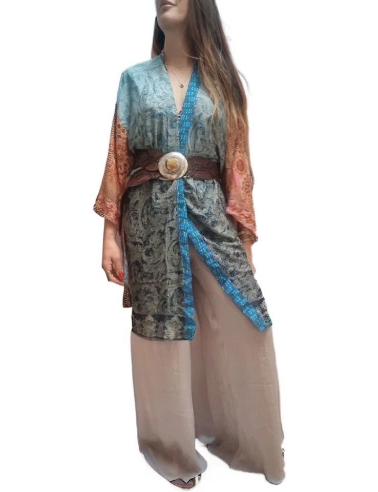 Handmade Silk Kimono Boho Indian Jacket Long Beach Cover-Up Summer Bath Robe - Image 2 of 4