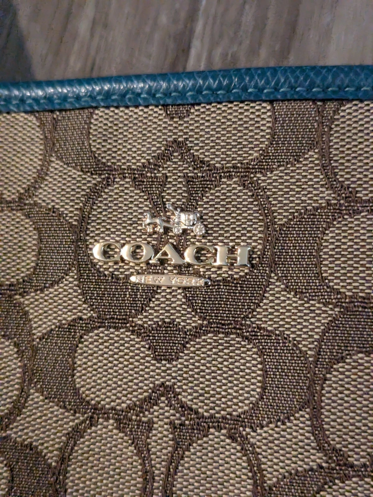 Borsa Coach tote bag blu kaki e atlantico firma logo tela pelle zip borsetta