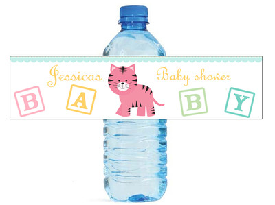 100 Baby Girl Tiger Baby Shower / Birthday Water bottle labels self stick