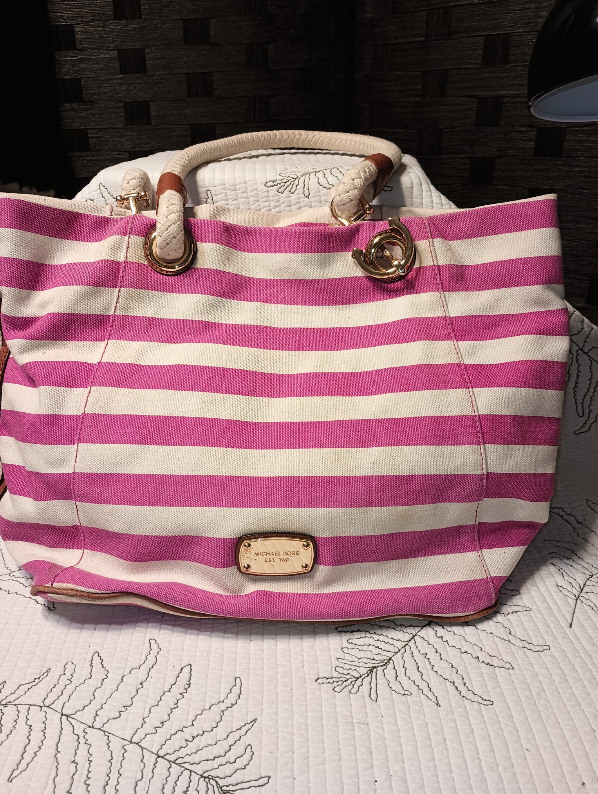 Michael Kors Marina Pink White Stripe Canvas Tote Bag