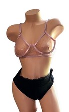 Lot of 2 Bali Black Shiny Satin Lace Trim Panties Pink Sheer Bra 6/M