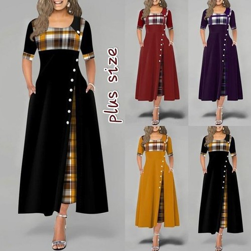 Women Irregular Plaid Print Button Maxi 