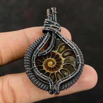 Ammonite Fossil Wire Wrapped Pendant Handcrafted Copper Gift Jewelry 2.56''