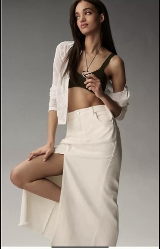 Anthropologie Pilcro Madi Front Slit Denim Maxi Skirt Raw Hem White Size 8 NWT