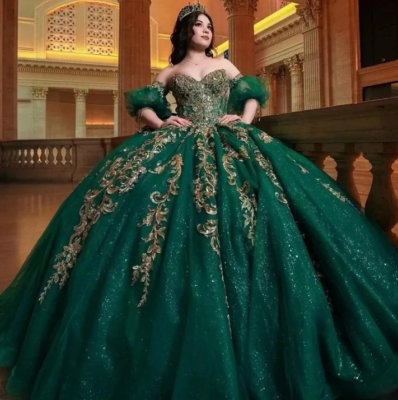 Emerald Green Shiny Quinceanera Dresses Mexico Gold Applique Lace Beads Tull | eBay Emerald Green Shiny Quinceanera Dresses Mexico Gold Applique Lace Beads Tull | eBay