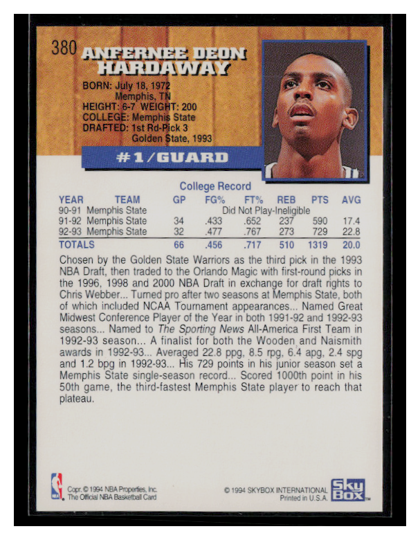 1993 Hoops Rookie #380 Anfernee Hardaway RC | eBay
