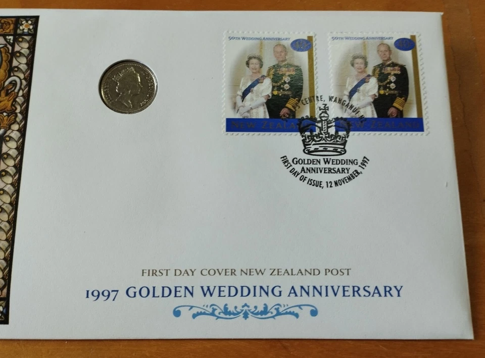 NZ 1997 Queen Elizabeth II Golden Wedding Anniversary Stamp FDC 1997 QE2 Coin - Image 3 of 4
