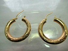 14K Solid Gold Hoop Diamond Cut Earrings - Italy - NEW