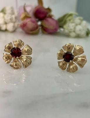 Granat Ohrringe 9 kt Gold, Vintage Ohrstecker mit Schmetterlingsrücken 