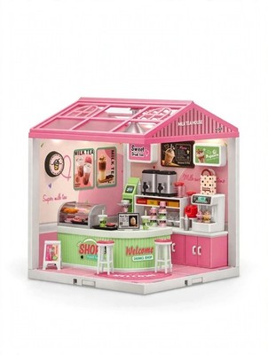 Jiaerle Mini Milk Tea Shop Dollhouse Playset DIY Miniature Kit 138Pcs LED Light
