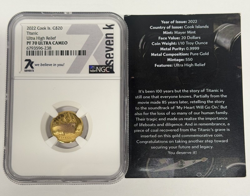 2022 Cook Islands G$20 Titanic 1/10oz Gold Ultra High Relief NGC PF70 UCAM + COA