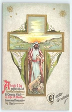 Postcard Easter Greetings Shepherd Holding Lamb in Field posted 1908