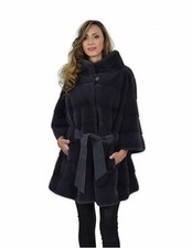 Cappotto mantella 52 visone pelle intera orizzontale colore blu antracite con...