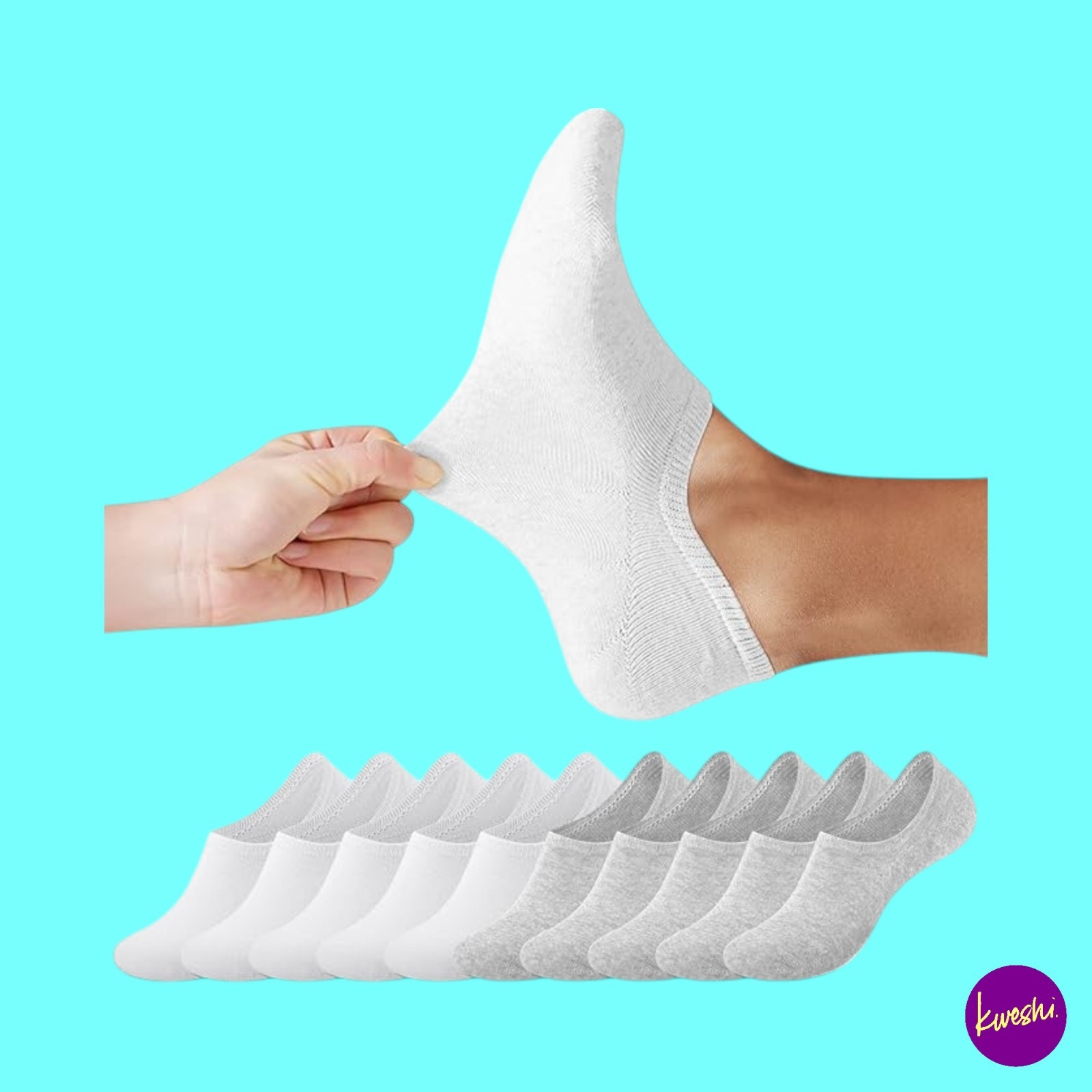 FALARY Unisex 10 Pairs No-Show Socks, Cotton Invisible Footies, White, UK 3-5